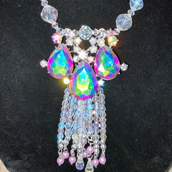 Handmade Aurora Borealis Crystal Waterfall Necklace – Vintage AB Beads, Reimagin - Picture 7 of 7